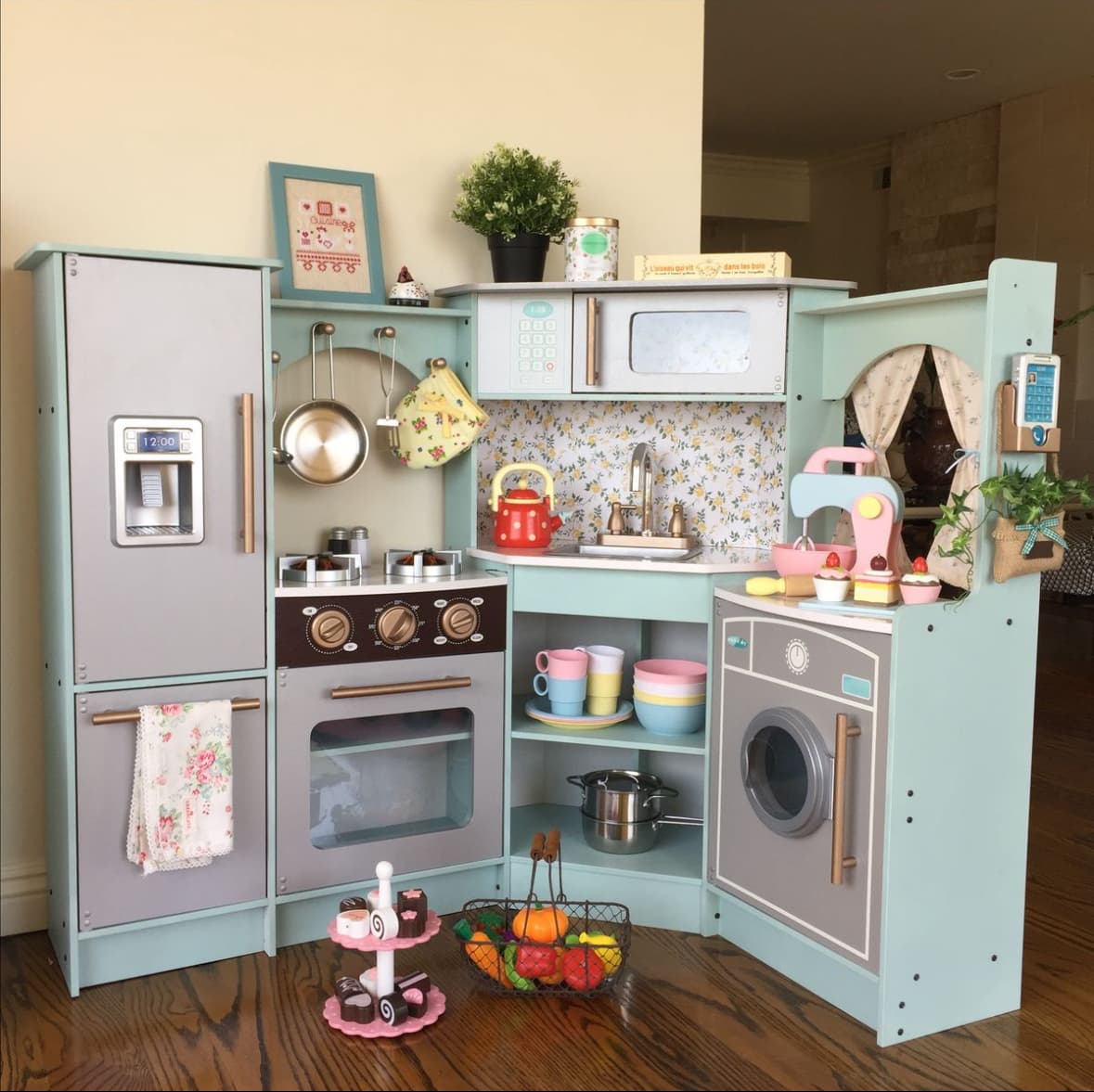 Wooden play kitchen setup